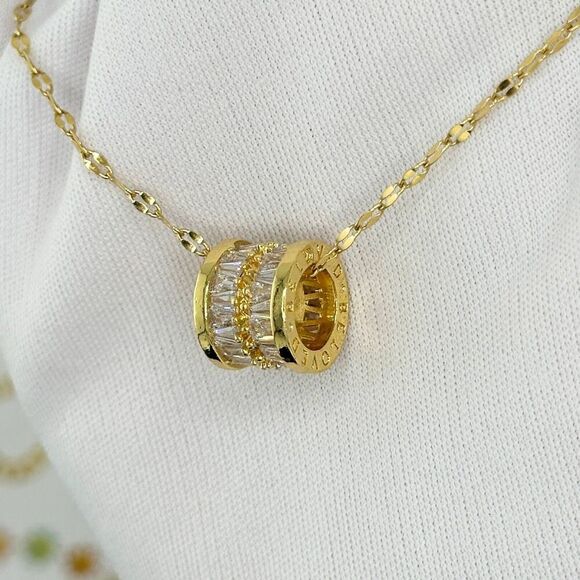 18K Gold Plated Stainless Steel Cubic Zirconia Cylinder Necklace Hypoallergenic - Picture 3 of 11